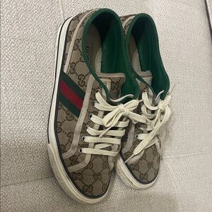 Gucci Beige Monogram Sneakers with Green and Red Accents